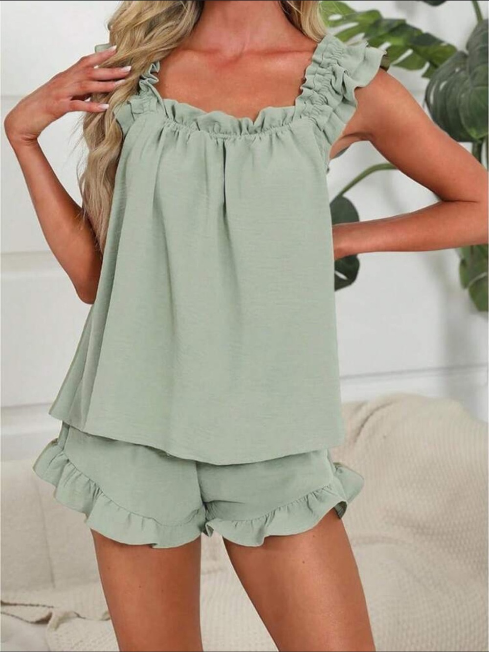 Ruffled Strap Tank & Short Sleep Set - Sage Green. super soft!